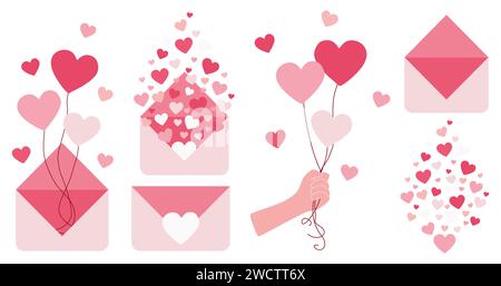 Valentine Sticker Pack Set. Isolated Modern Flat Vector Illustration White. Love Mail concept with Heart Shape Gesture, Envelop, Hand Holding Balloons Stock Vector