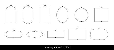 Linear frames with a crown and in the form of arches. Minimalistic aesthetic elements. Pack of vector isolated illustrations on a white background. Stock Vector