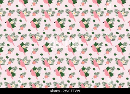 Tropical nature seamless repeat pattern with flowers, leaves and pink ara macaw parrots. Jungle foliage flat vector illustration. Stock Vector