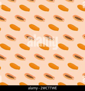 Seamless pattern of tropical fruit papaya. Exotic food pawpaw half cutted and whole. Orange background. Flat vector illustration asian vegetables. Stock Vector