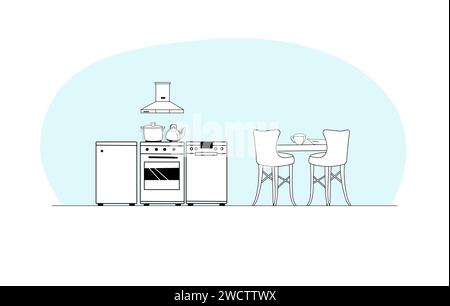 Kitchen outline interior in light blue space. Simple contour dining zone with kitchen cooking area. Stock Vector