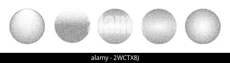Gradient noise circles made of grains. Halftone round pattern of dotted elements with gradation from dark to light. Vector isolated illustration on white background. Stock Vector