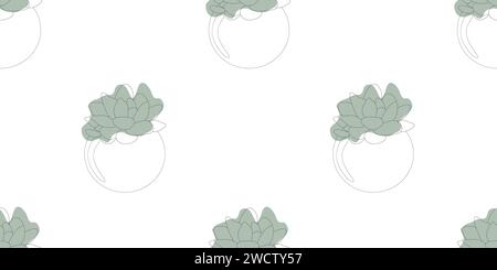 Seamless pattern of Hand drawn Linear Succulents in flower pots. Line Art outline Vector Flowers on white with Green spots. Design Botany Elements for Stock Vector