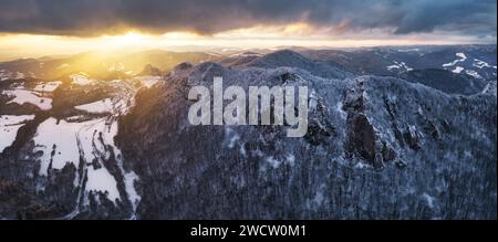 Aerial view on Vrsatec castle during sunset in winter Stock Photo