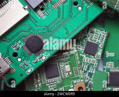 Glob top semiconductor electronic components on a circuit board. Chip on board technology (COB). Onboard microchips. Selected focus. Stock Photo