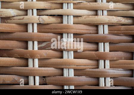 Knit or woven wooden straw basket pattern background. Close up macro shot, no people. Stock Photo