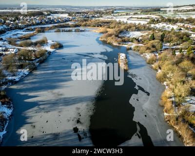 Bolton, England, UK, Wednesday Januarey 17, 2024. Drone images of frozen wintry conditions around Doffcocker Lodges, Bolton. Credit: Paul Heyes/Alamy News Live. Stock Photo