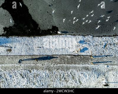 Bolton, England, UK, Wednesday Januarey 17, 2024. Drone images of frozen wintry conditions around Doffcocker Lodges, Bolton. Credit: Paul Heyes/Alamy News Live. Stock Photo