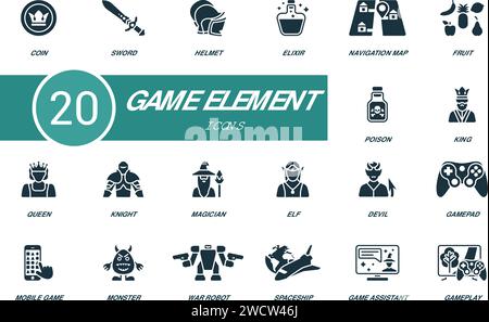 Game element icon set. Creative icons: coin, sword, helmet, elixir, navigation map, fruit, poison, king, queen and more Stock Vector