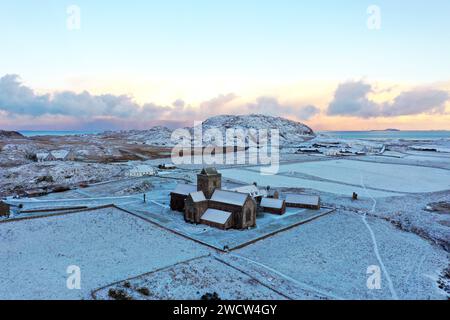 Aerial view of  Iona Abbey covered with snow Stock Photo