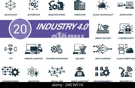 Industry 4.0 icons set. Creative icons: blockchain, automation, manufacturing, computing, cloud technology, digitalization and more Stock Vector