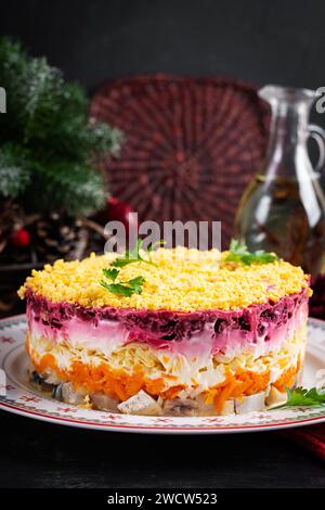 Traditional Russian multi layered salad from herring, beets, potatoes, carrots and eggs. Herring salad under a fur coat. Stock Photo