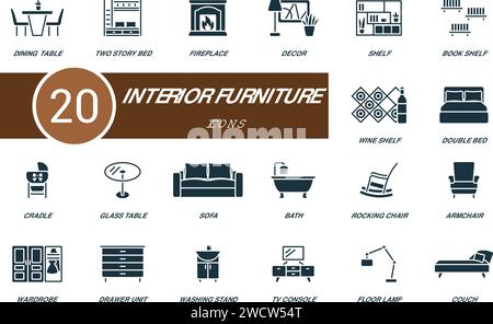 Interior furniture icons set. Creative icons: dining table, two story bed, fireplace, decor, shelf, book shelf, wine shelf, double bed and more Stock Vector