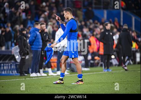 Getafe, Spain. 16th Jan, 2024. Mason Greenwood of Getafe at the end of the football match valid for the round of 16 of the Copa del Rey tournament between Getafe and Sevilla played at Estadio Coliseum in Getafe, Spain. Credit: Independent Photo Agency/Alamy Live News Stock Photo