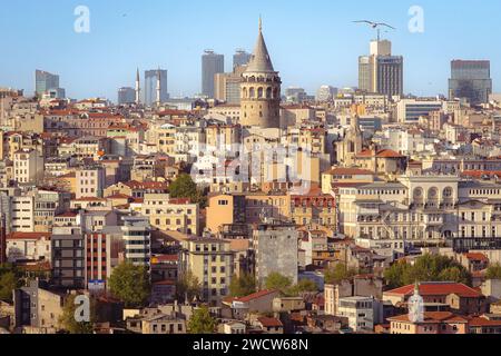 The Galata Tower during the golden hour under a cloudy sky in Istanbul ...