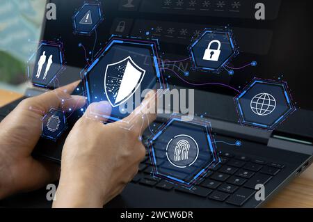 Keypad, cyber shield, lock, technology security system. Digital link. Cyber security with advanced technology. Stock Photo