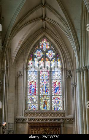 York, North Yorkshire, England. Colourful 15th century stained glass window depicting the Crucifixion in St Stephen's Chapel, York Minster. Stock Photo