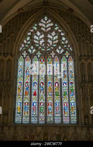 York, North Yorkshire, England. The colourful 14th century stained glass Great West Window of York Minster, popularly known as the Heart of Yorkshire. Stock Photo