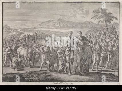 Exodus from Egypt, Jan Luyken, 1703 - 1762 print  Print Maker: Haarlem Publisher: Amsterdam paper etching the Israelites leave Egypt; first movement from Rameses to Succoth (Exodus 12:31 - 13:16) Stock Photo