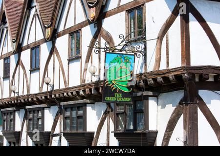 Lincoln, Lincolnshire, England. Half-timbered façade of the Green Dragon, a 16th century pub beside the River Witham. Stock Photo