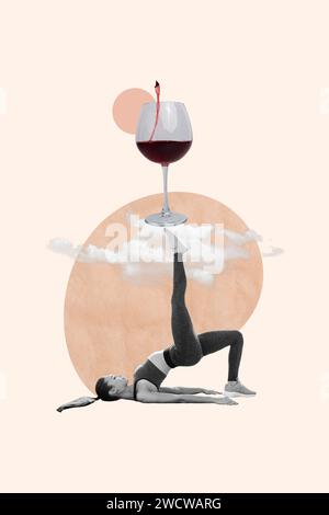 Magazine picture sketch collage image of slim slender lady holding leg big wine glass isolated beige color background Stock Photo