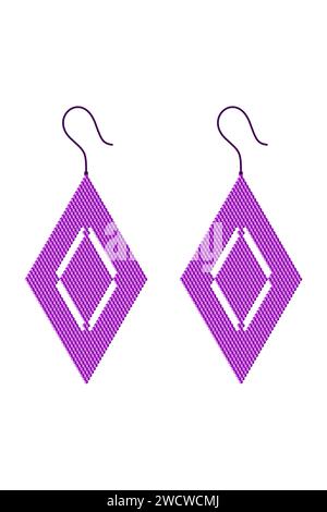 Two rhombus-shaped earrings made of purple 3D cubes with gaps Stock Vector