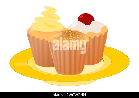 Three desserts - with embellishments, with whipped cream and cherries - on an yellow plate Stock Vector