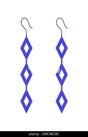 Two blue earrings made of 3D squares in the shape of three rhombus with a hole hanging below each other Stock Vector