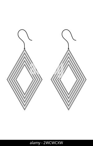 Two rhombus-shaped earrings made of black and white 3D cubes with a black border with hole Stock Vector