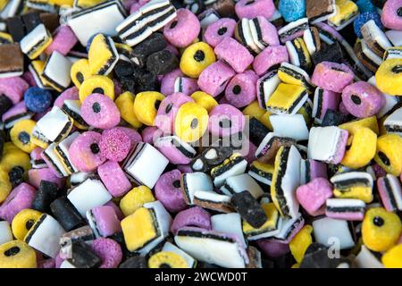 UK, England, Yorkshire, Pontefract, Cornmarket, Liquorice Festival, sweet stall Liquorice Allstorts in pick and mix Stock Photo