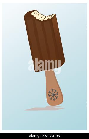 The bitten creamy popsicle with chocolate icing and a symbol of snowflakes on a stick,  on a blue background Stock Vector