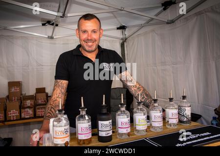 UK, England, Yorkshire, Pontefract, Liquorice Festival, Northern Fox Yorkshire Gin stall, owner Oliver Beniston Stock Photo