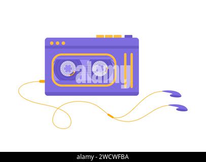 Purple and yellow audio player with headphones isolated on white background. Flat vector illustration Stock Vector