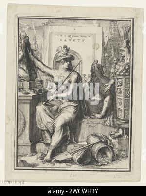 Illustration for 'Hieroglyphica or brand images of the old peoples' by Romeyn de Hooghe, Romeyn de Hooghe, 1655 - 1708 print Allegory with Egyptian -looking figures. Female figure with staff and man behind her who holds his fingers by his mouth. The letters in the show refer to text in the book Hieroglyphica. Netherlands paper etching / engraving Egyptian hieroglyphs. sphinx (lion/woman); 'Sfinge' (Ripa). coin. representations  gods, demi-gods, heroes, etc. (non-Christian religions). Egyptian religion Stock Photo