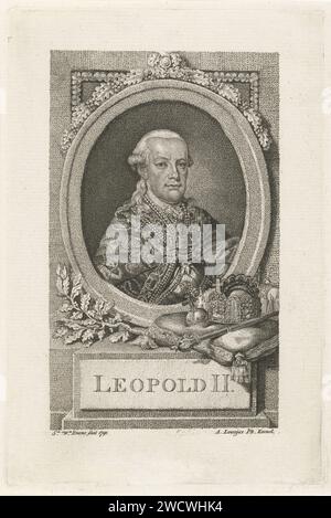 Portrait of Leopold II, Sophia Wilhelmina Evans, 1791 print Portrait of Leopold II, Archduke of Austria, Grand Duke of Tuscany, Prince of the Southern Netherlands, King of Bohemia and emperor of the Holy Roman Empire. Displayed in oval accompaniment with decoration of oak leaf. On the console a crown, scepter and government apple. Rotterdam paper Stock Photo