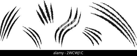 Set of different scratch claw marks. Tiger, bear, wolf, panther, monster, werewolf talons trace isolated on white background. Scary torn scars. Wild animals scratches track. Vector graphic illustraton Stock Vector