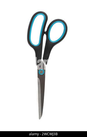 Stationery scissors with plastic black and blue handles isolated on a white background. Copy space. Stock Photo