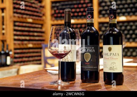 Italy, Tuscany, Chianti Wine Region, Radda in Chianti, Castello di Volpaia, wine tasting room Stock Photo