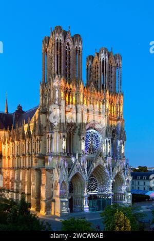 France, Marne, Reims, Notre Dame cathedral, listed as World Heritage by UNESCO, the western frontage, summer light and sound show Stock Photo