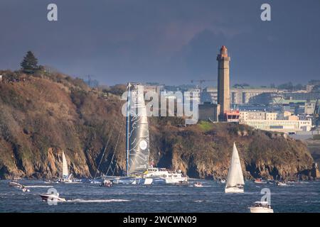 France, Finistere, Brest, Brest harbor, The Arkéa Ultim Challenge the ultim sailing race alone around the globe Stock Photo