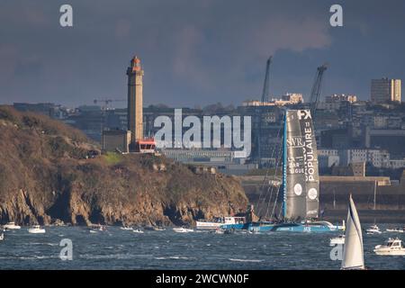 France, Finistere, Brest, Brest harbor, The Arkéa Ultim Challenge the ultim sailing race alone around the globe Stock Photo