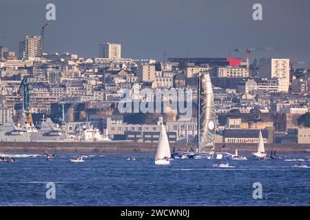 France, Finistere, Brest, Brest harbor, The Arkéa Ultim Challenge the ultim sailing race alone around the globe Stock Photo