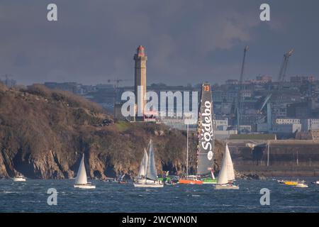 France, Finistere, Brest, Brest harbor, The Arkéa Ultim Challenge the ultim sailing race alone around the globe Stock Photo