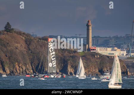 France, Finistere, Brest, Brest harbor, The Arkéa Ultim Challenge the ultim sailing race alone around the globe Stock Photo