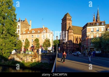 France, Bas Rhin, Strasbourg, old town listed as World Heritage by UNESCO, Kuss bridge over Ill river and Saint Pierre le Vieux church Stock Photo