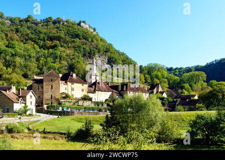 France, Jura, Baume les Messieurs, labelled Les Plus Beaux Villages de France (The Most Beautiful Villages of France), the village and the imperial Abbey church Stock Photo