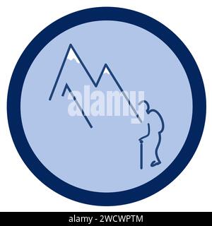 The symbol of tourist with a wand on snowy mountains, on a blue circular background Stock Vector