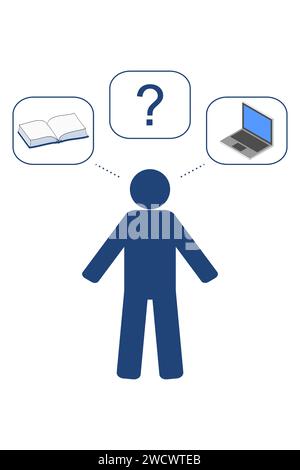 The blue figure decides whether to choose a book or a computer Stock Vector