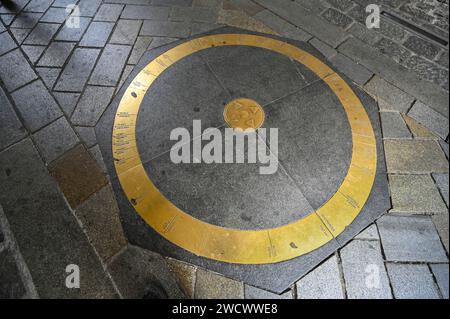 Slovakia, Bratislava, an orientation table on the ground under the 14th century city gate Michalska brana (Saint Michael) Stock Photo