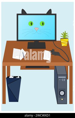 The computer mouse on a desk bites documents and a green-eyed cat looks at her on the monitor Stock Vector